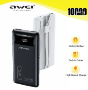 AWEI P168K 10000mAh PD22.5W 2 Built-in Cable Multiple Output Power Bank with LED Digital Display