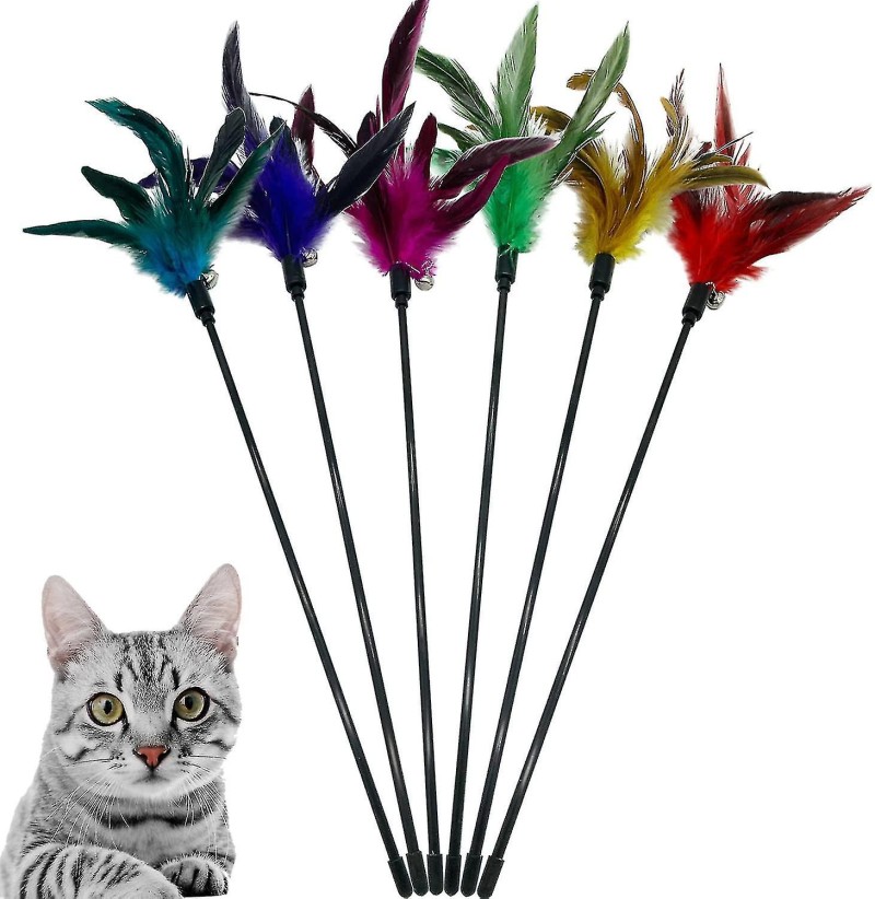 Cat Wand Toy Feather Stick Cat Toys, 6 Pcs Cat Feathers Wand Toy, Interactive Cat Toy Feather Wand For Indoor Cats