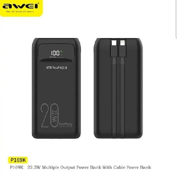 Awei P169K 20000mAh Portable Power Bank- 22.5W with Cable