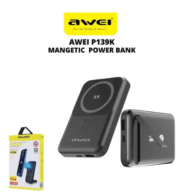 AWEI P139K 10000mAh Fast Charging 22.5W+15W Wireless Magnetic Power Bank With Stand
